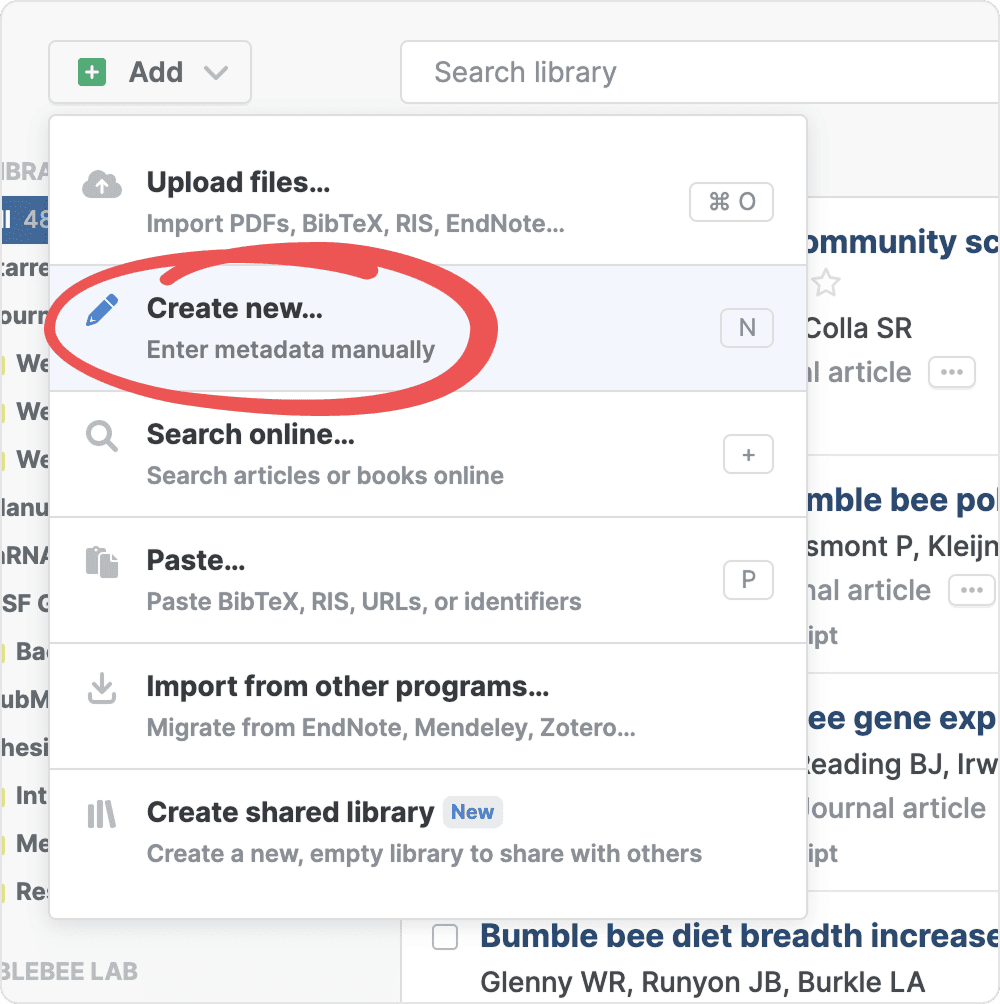 The Add menu open with the circled “Create new… — Enter metadata manually” entry highlighted, between “Upload files…” and “Search online…”, each showing its keyboard shortcut.